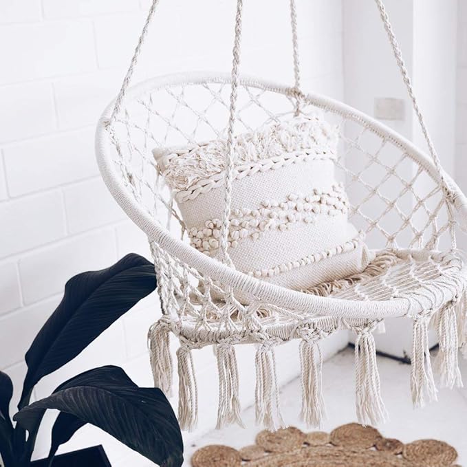 Chaise Suspendue, tricotée par Corde de Coton avec des Franges romantiques hamac macramé
