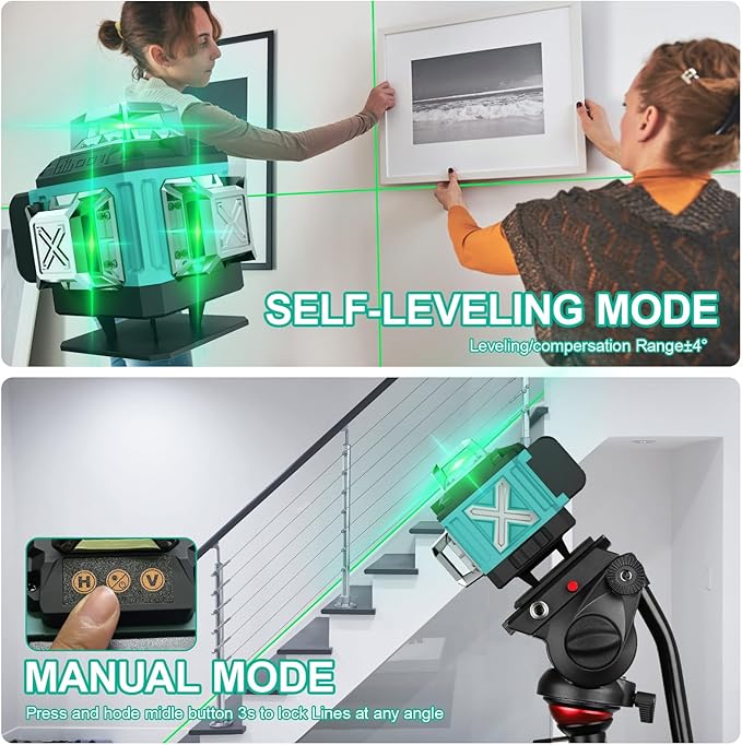 Alloyman Niveau laser 16 lignes AVEC TREPIED auto-nivelant 4 x 360 ° laser vert avec 2 piles au lithium rechargeables