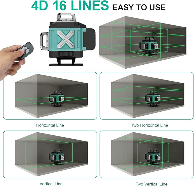 Alloyman Niveau laser 16 lignes AVEC TREPIED auto-nivelant 4 x 360 ° laser vert avec 2 piles au lithium rechargeables