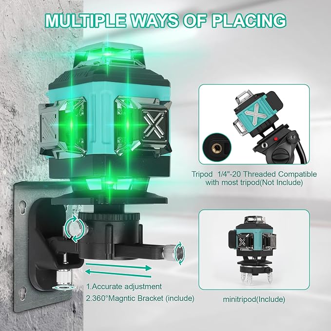 Alloyman Niveau laser 16 lignes AVEC TREPIED auto-nivelant 4 x 360 ° laser vert avec 2 piles au lithium rechargeables