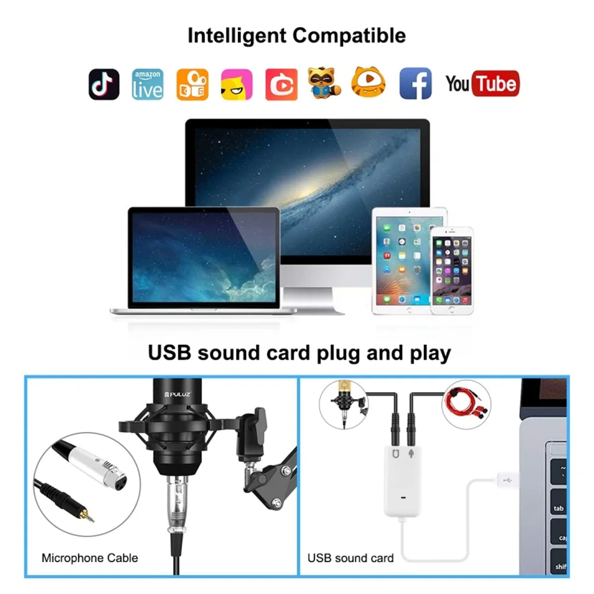 Kit Microphone à Condensateur Professionnel avec Carte Son – Ensemble Complet pour Enregistrement, Streaming et Podcast