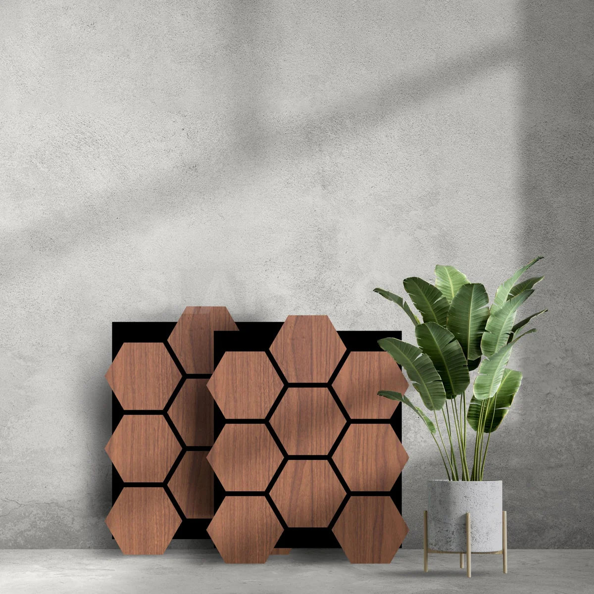 ANTI-BRUIT Panneau acoustique hexagonal en bois de noyer avec support en feutre noir
