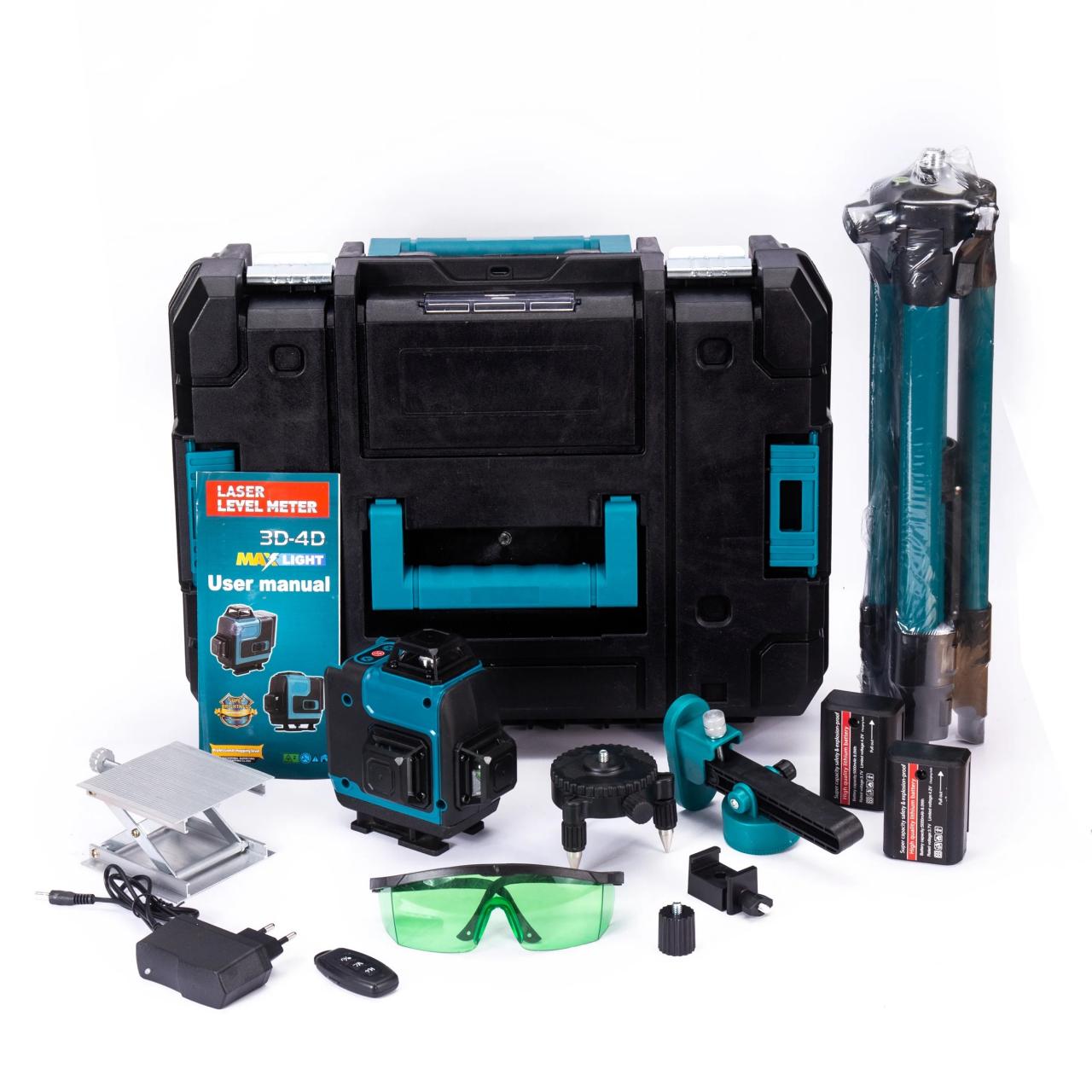 Alloyman Niveau laser 16 lignes AVEC TREPIED auto-nivelant 4 x 360 ° laser vert avec 2 piles au lithium rechargeables