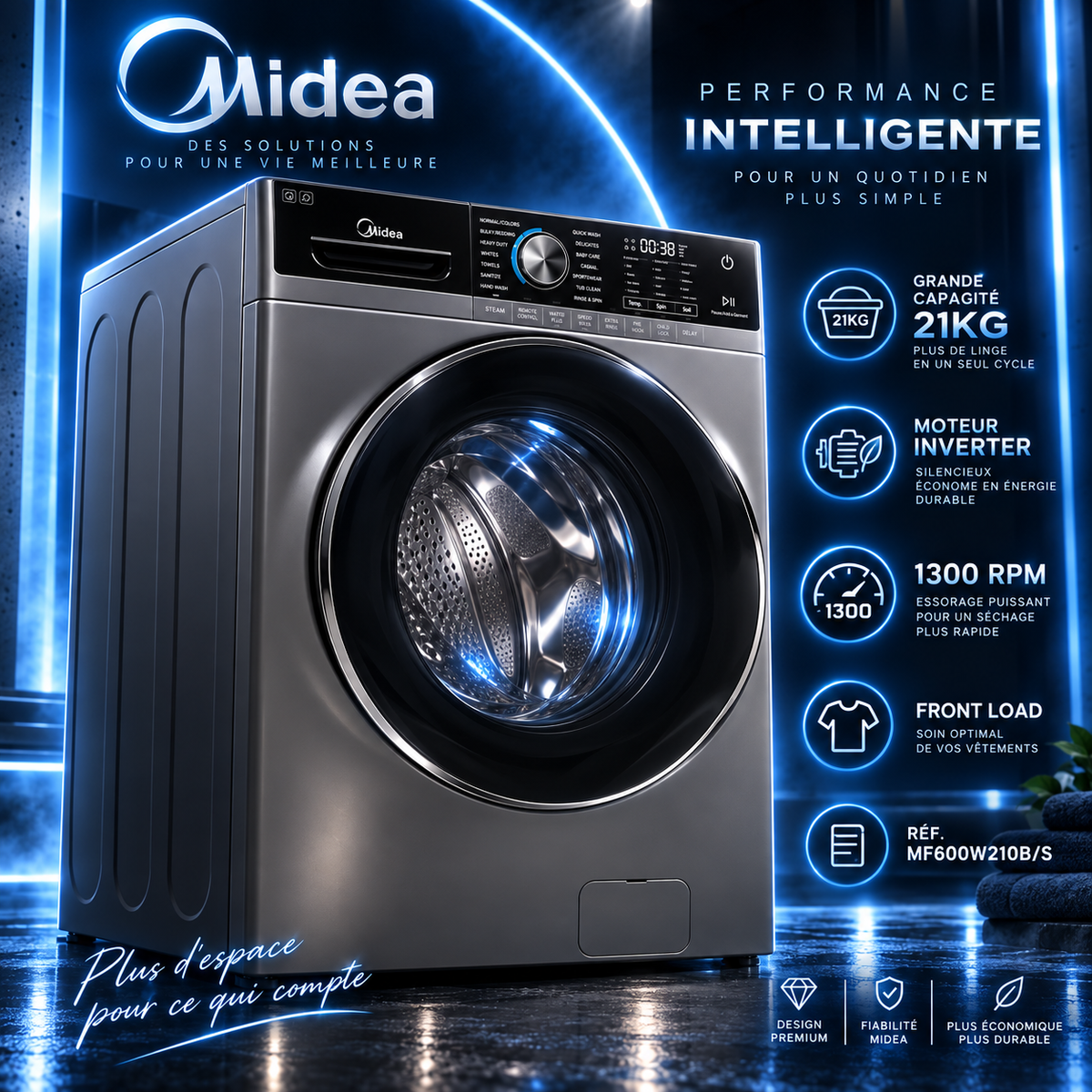 Machine à Laver Midea 21KG Front Load Inverter 1300 RPM – MF600W210B/S