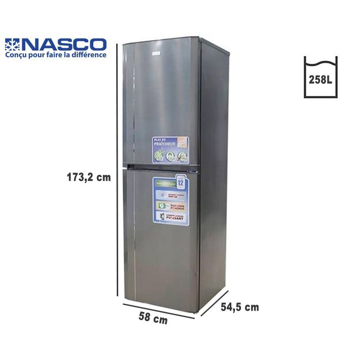 Nasco Réfrigérateur Combiné 246 Litres Net – Classe Énergétique Éco – Double Porte – HNASD2-33