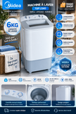 Machine à Laver Midea Top Load 6KG Blanc – Single Tub, 320W – MTT60-WP2403