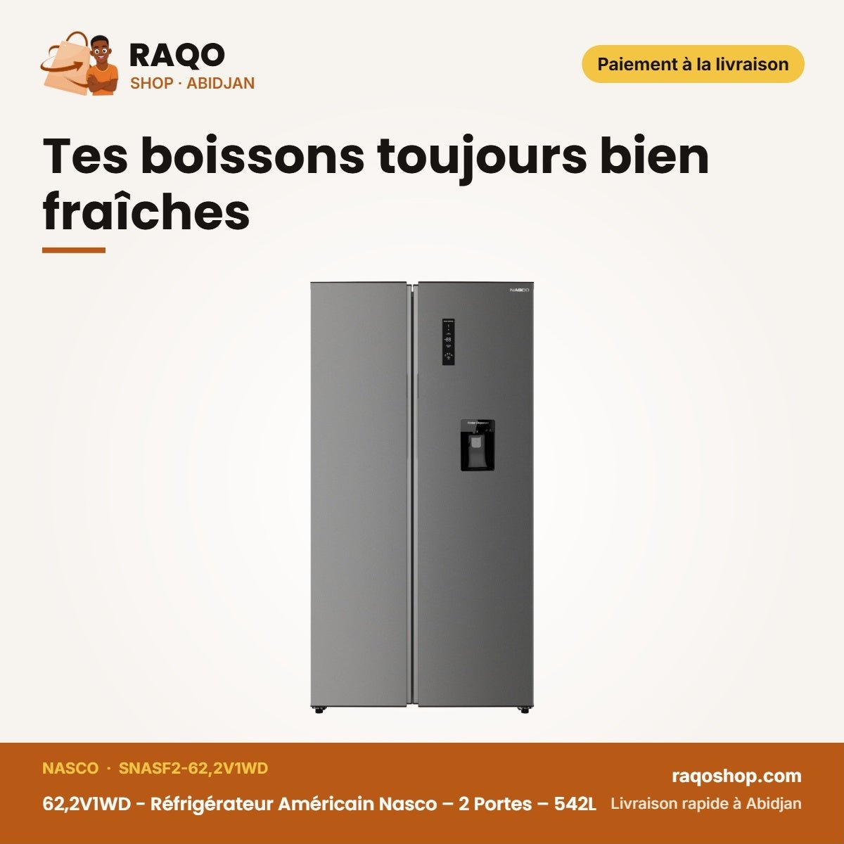 62,2V1WD - Réfrigérateur Américain Nasco – 2 Portes – 542L – Gris | SNASF2-62,2V1WD - RAQO