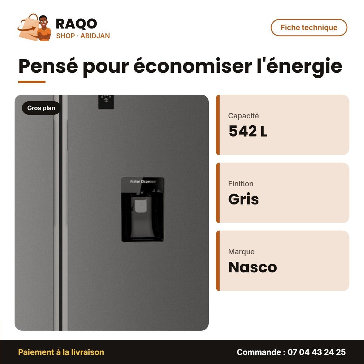 62,2V1WD - Réfrigérateur Américain Nasco – 2 Portes – 542L – Gris | SNASF2-62,2V1WD - RAQO