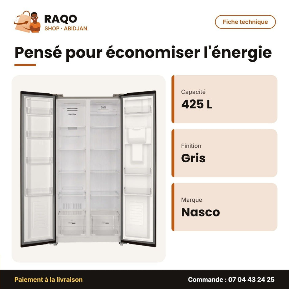 62,V1WD - Réfrigérateur Américain Nasco – 2 Portes – 425L – Gris Fonce | SNASF2-62,V1WD - RAQO