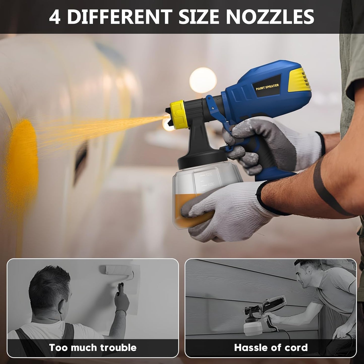 Pistolet à Peinture Sans Fil – Réservoir 1,2 L, 4 Buses et 3 Modes de Pulvérisation