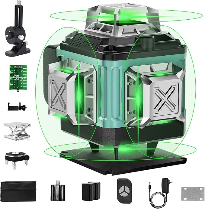 Alloyman Niveau laser 16 lignes AVEC TREPIED auto-nivelant 4 x 360 ° laser vert avec 2 piles au lithium rechargeables
