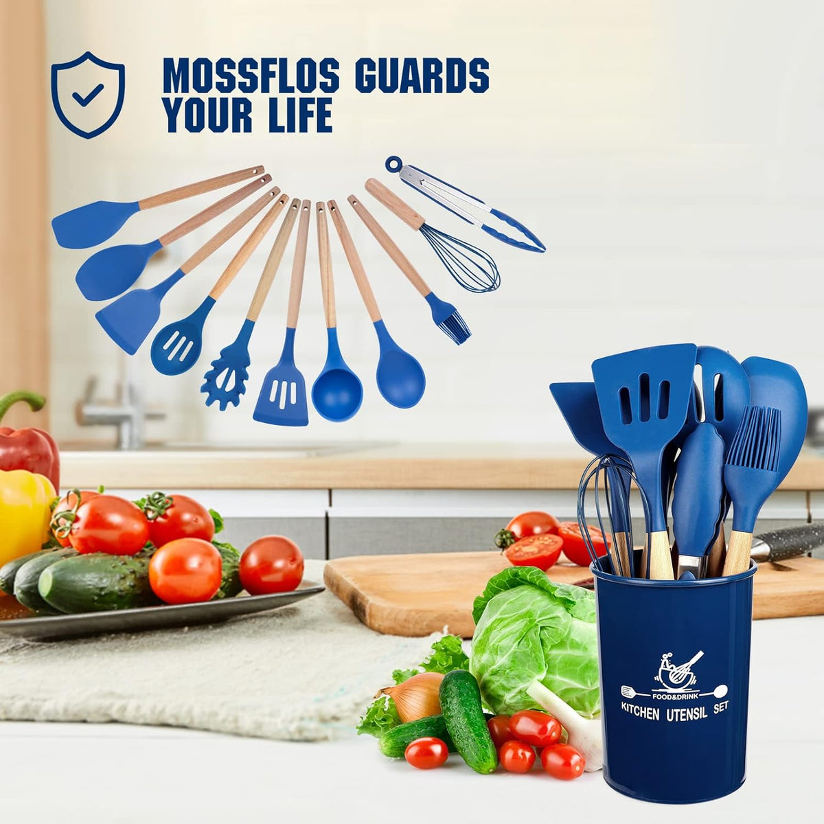 Ustensiles de cuisine en silicone bleu
