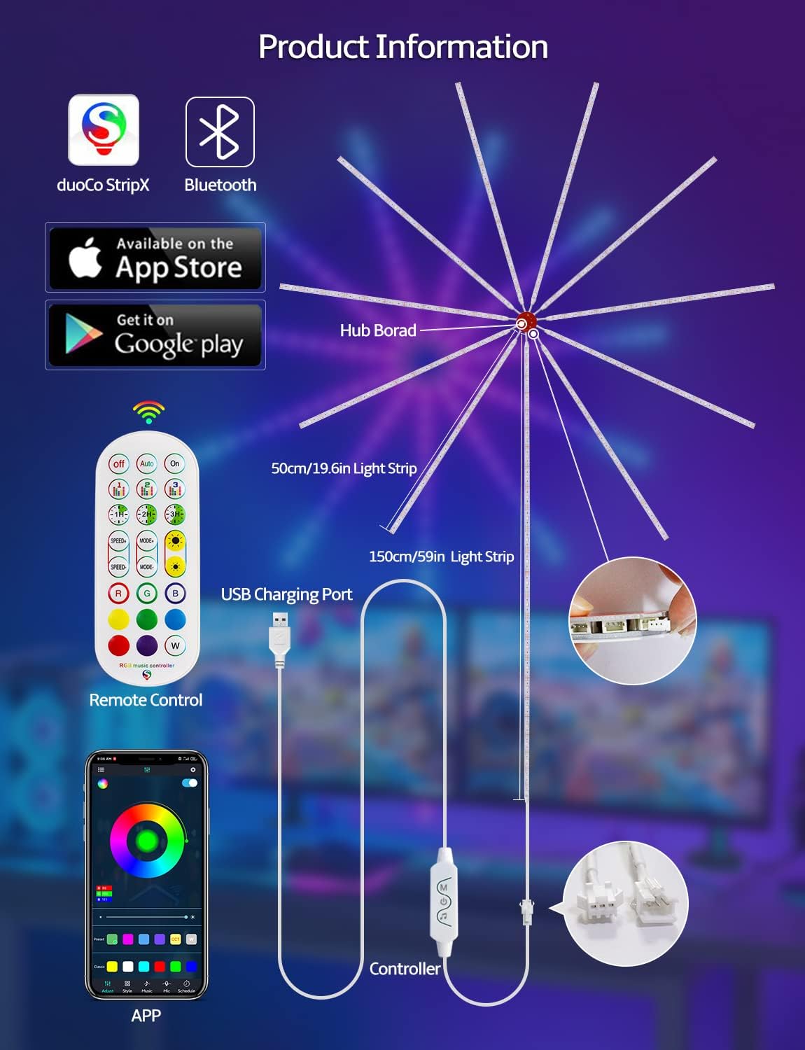 Lumières Feux d’Artifice RGB avec Effet Lancement, Contrôle App & Télécommande
