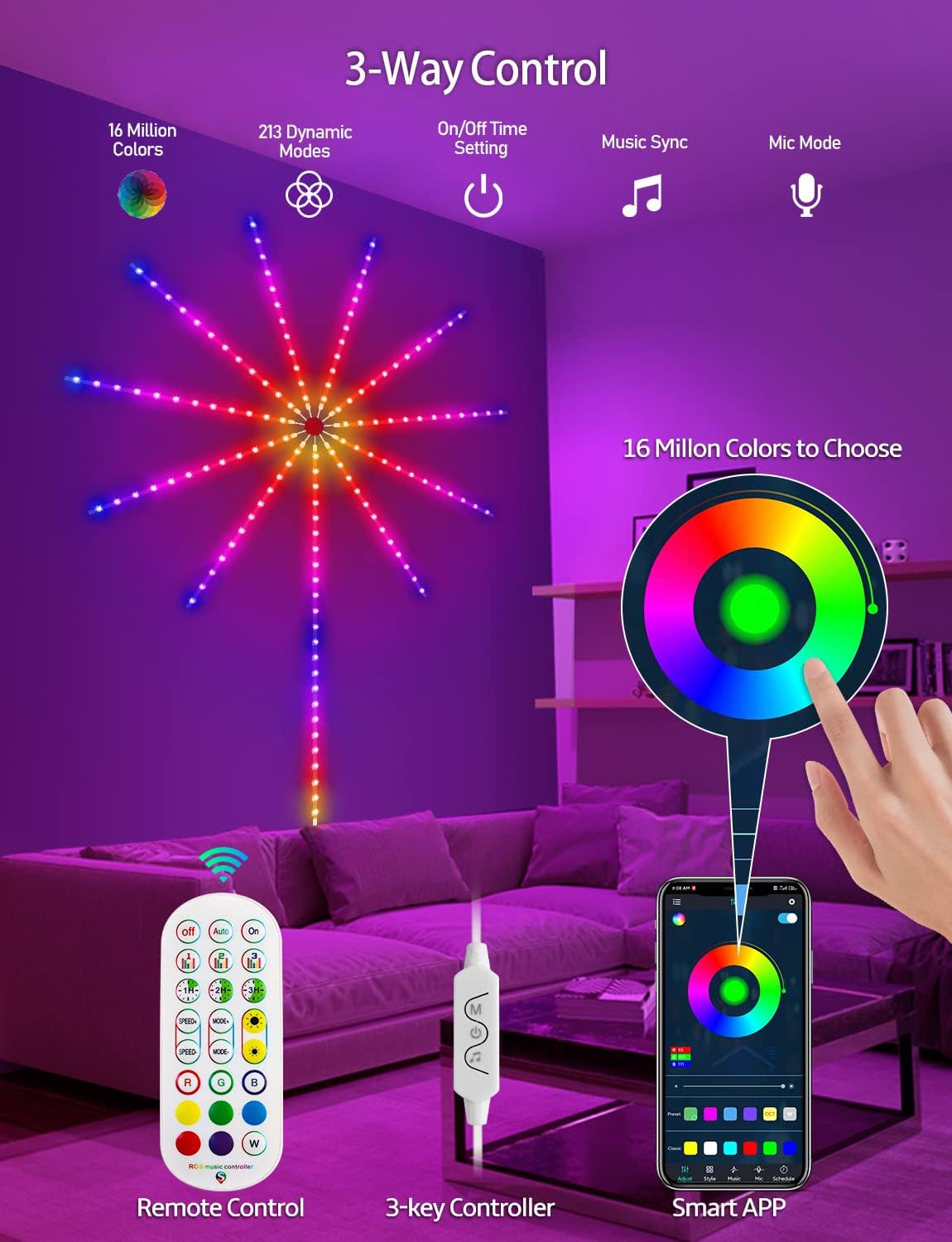 Lumières Feux d’Artifice RGB avec Effet Lancement, Contrôle App & Télécommande