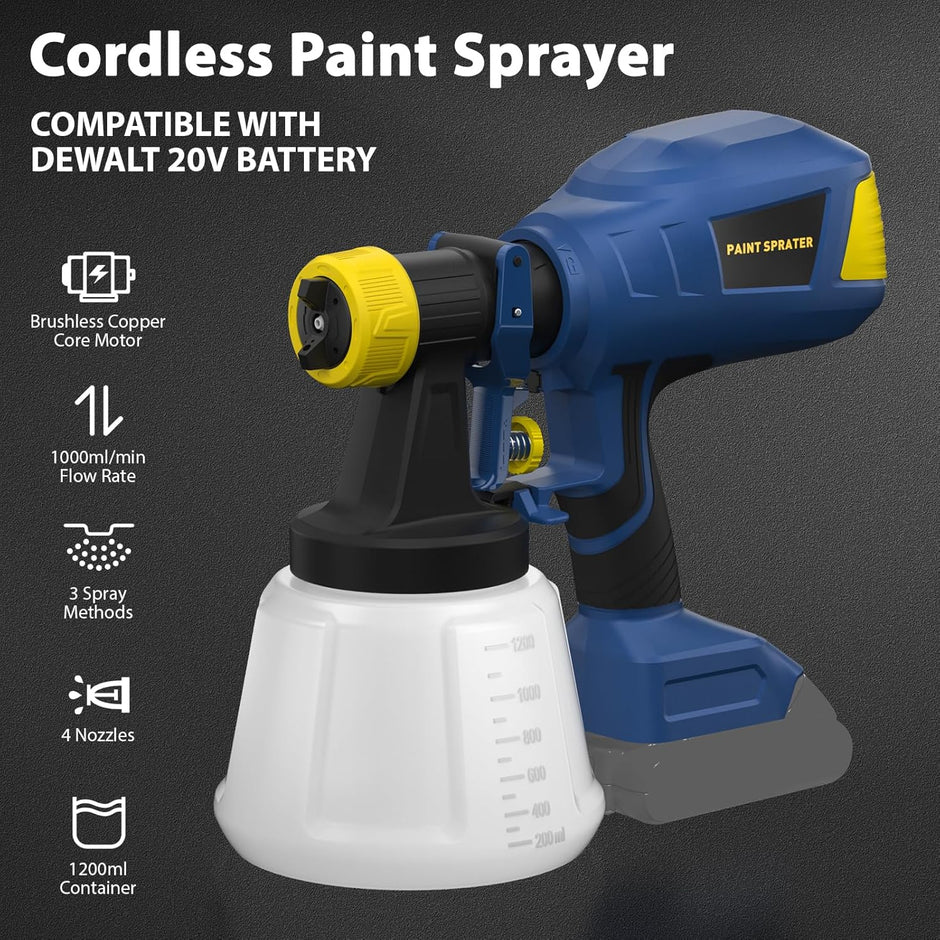 Pistolet à Peinture Sans Fil – Réservoir 1,2 L, 4 Buses et 3 Modes de Pulvérisation