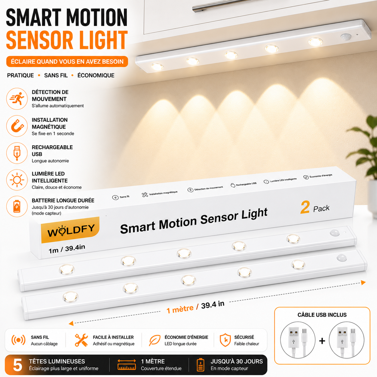 Capteur blanc de mouvement lumière LED capteur lampe 3 modes de lumières