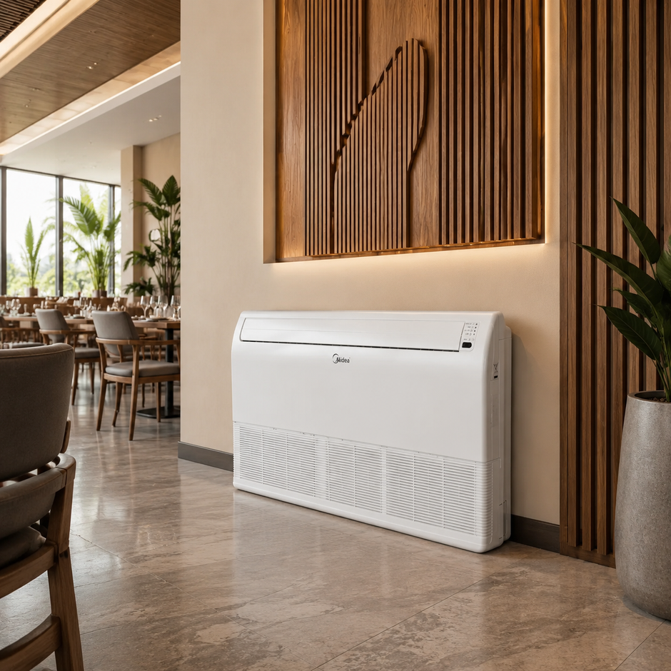 Climatiseur Midea 36000 BTU installé au sol dans un restaurant