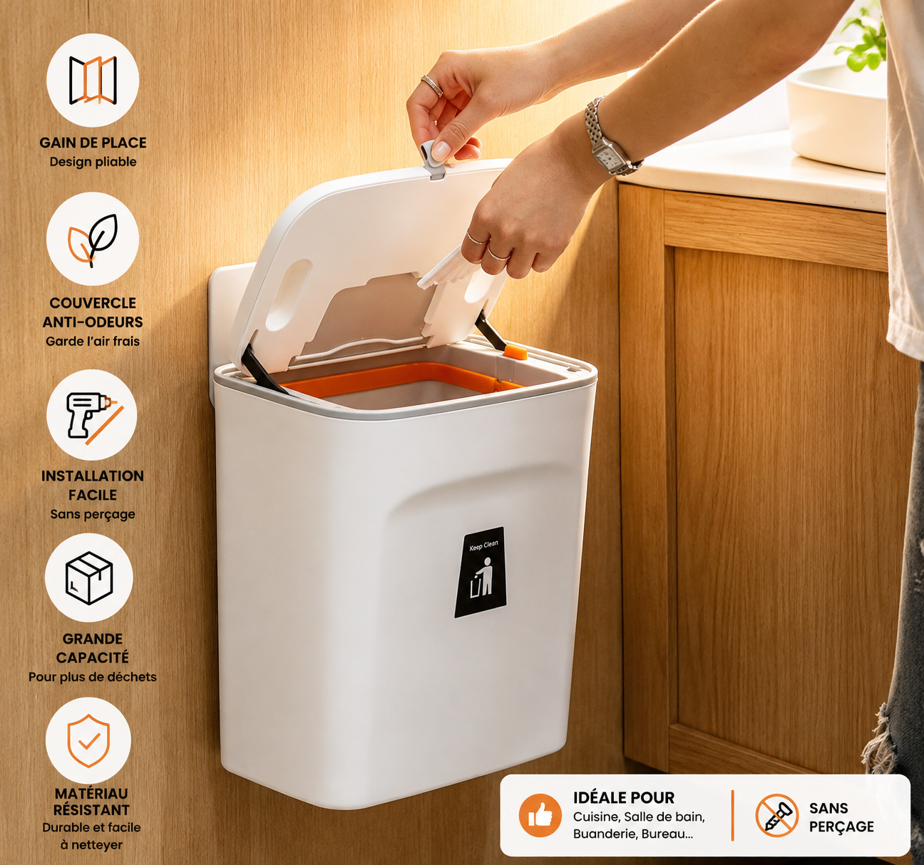 Poubelle Murale Pliable avec Couvercle – Gain de Place pour Cuisine et Salle de Bain