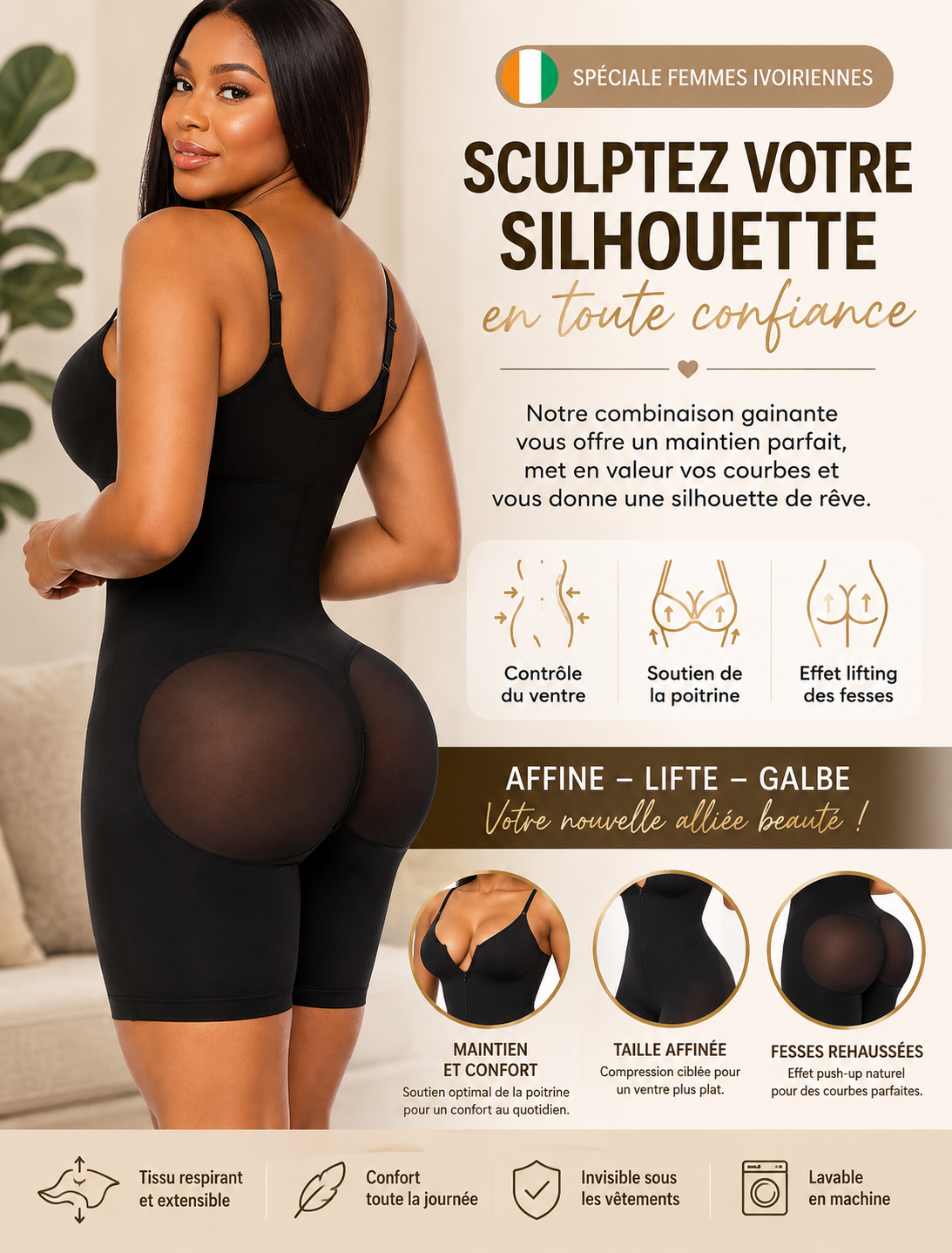 Gaine Sculptante Femme 360° – Ventre Plat, Taille Affinée & Effet Push-Up Fessier | Invisible Sous les Vêtements