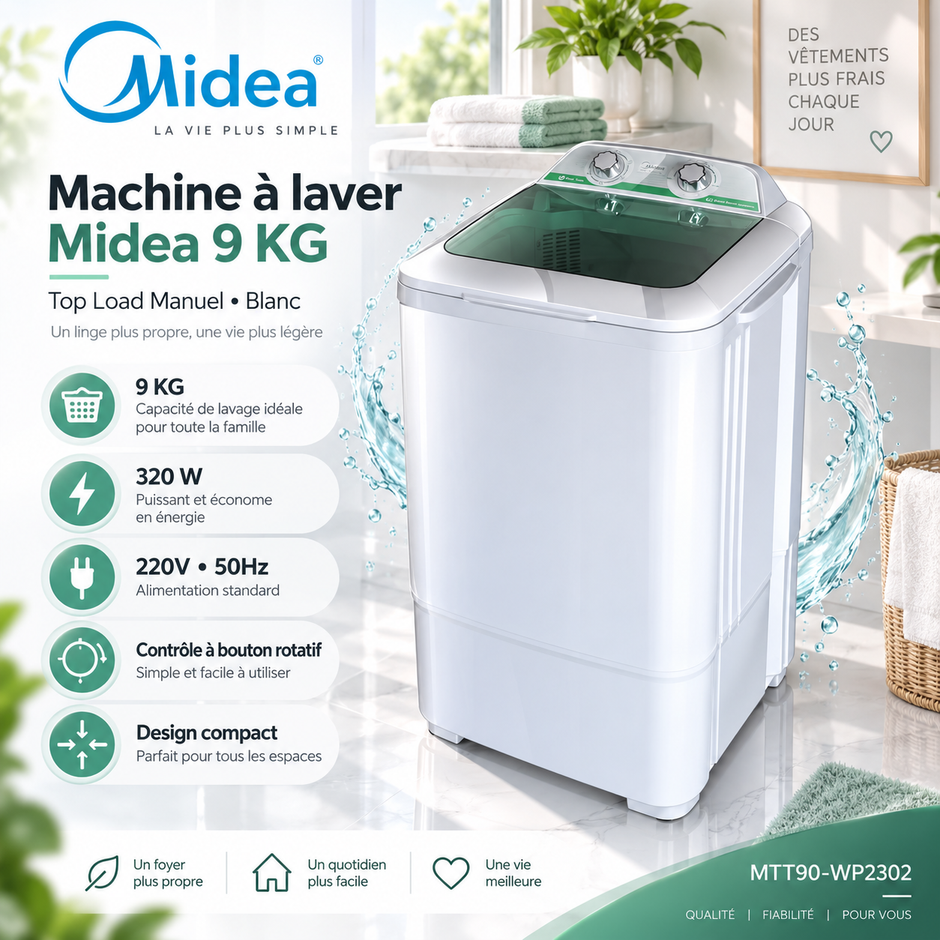 Machine à Laver Midea Top Load 9KG Manuelle – 320W, Blanc – MTT90-WP2302