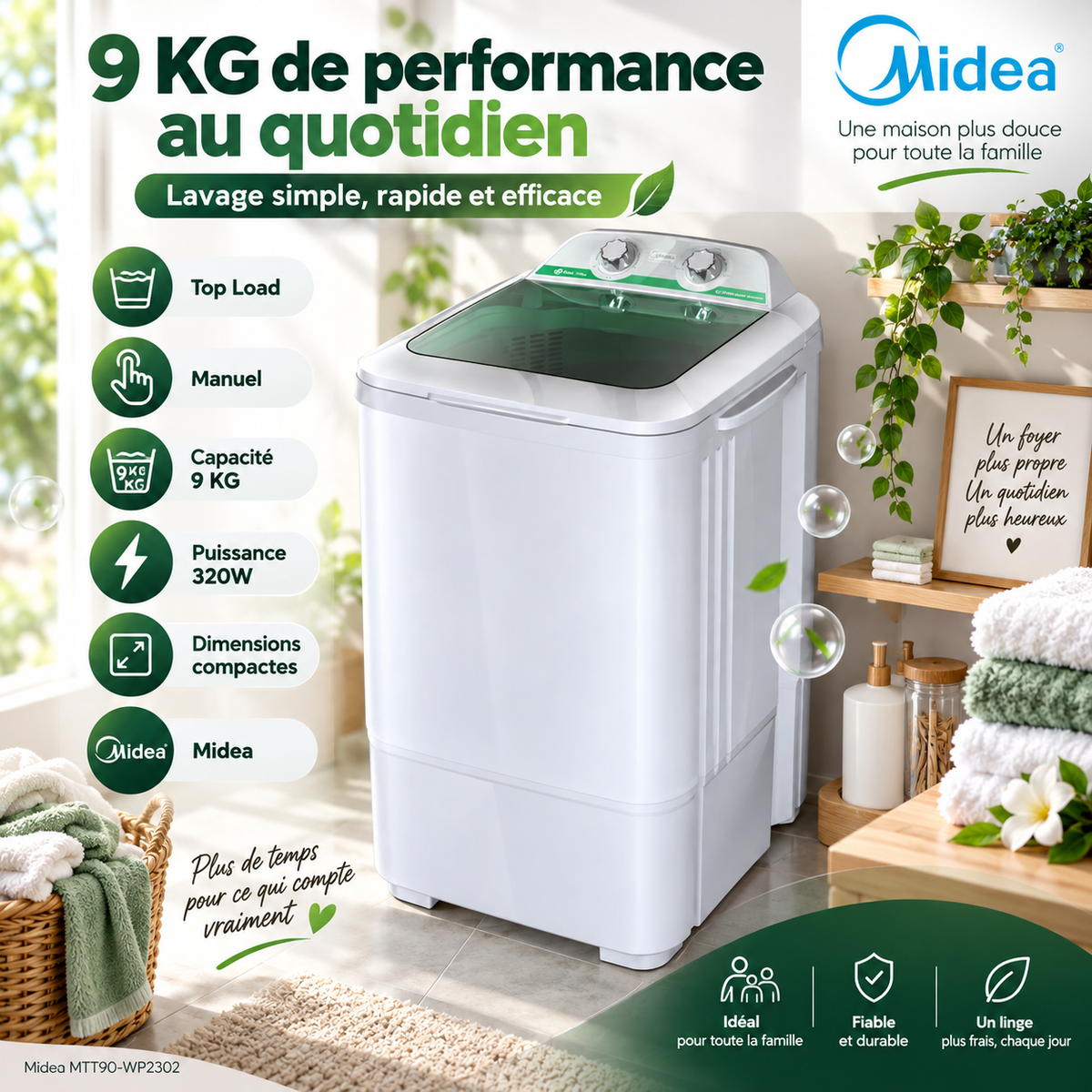 Machine à Laver Midea Top Load 9KG Manuelle – 320W, Blanc – MTT90-WP2302