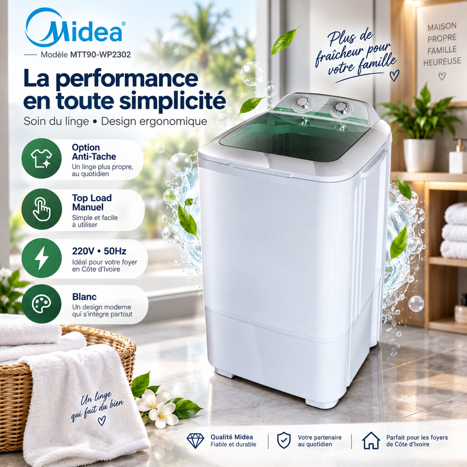 Machine à Laver Midea Top Load 9KG Manuelle – 320W, Blanc – MTT90-WP2302