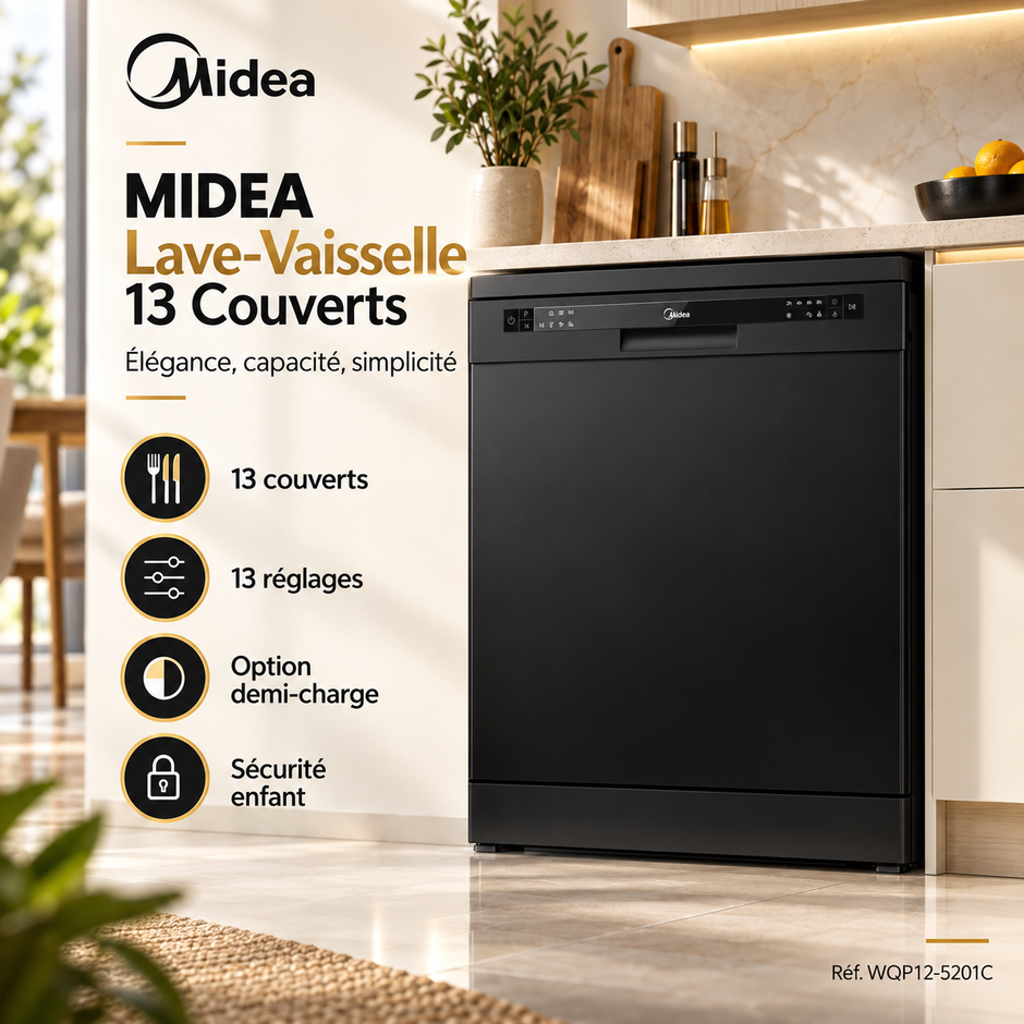 Lave-Vaisselle Midea 13 Couverts Noir – Filtre Antibactérien, Lavage 70°C & 13 Réglages – WQP12-5201C