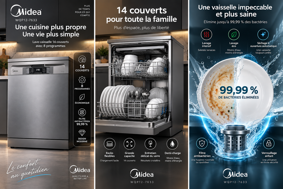 Lave-Vaisselle Midea 14 Couverts Gris – 8 Programmes, Filtre Antibactérien & Séchage Auto – WQP12-7633