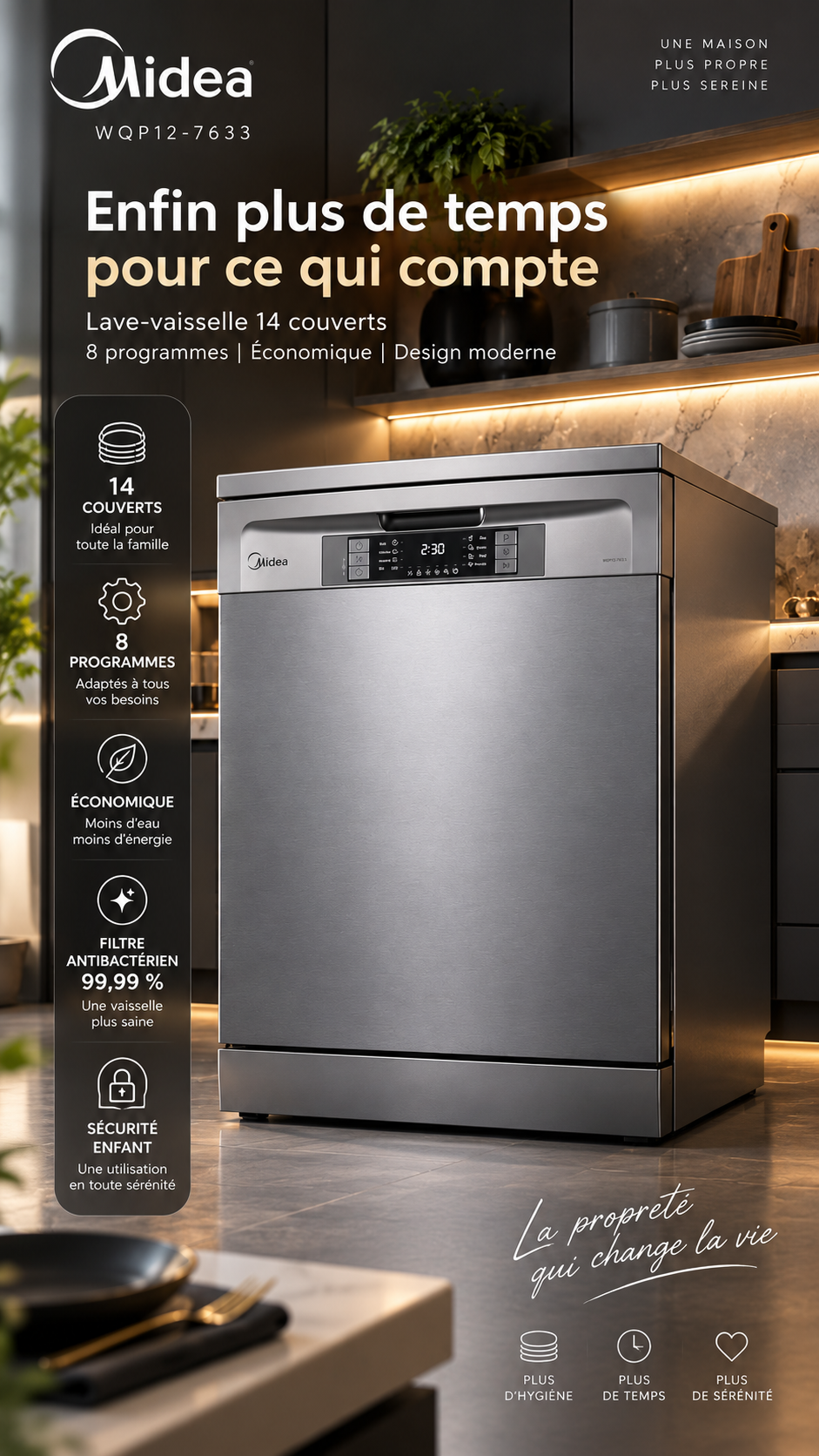 Lave-Vaisselle Midea 14 Couverts Gris – 8 Programmes, Filtre Antibactérien & Séchage Auto – WQP12-7633