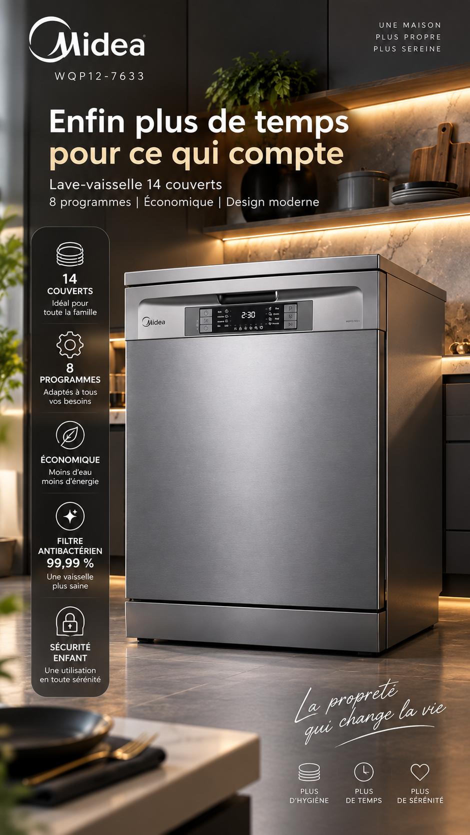 Lave-Vaisselle Midea 14 Couverts Gris – 8 Programmes, Filtre Antibactérien & Séchage Auto – WQP12-7633