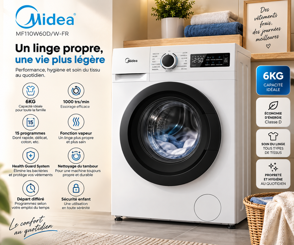 Machine à Laver Midea 6KG Front Load – 1000 tr/min, Vapeur, Health Guard & 15 Programmes – MF110W60D/W-FR