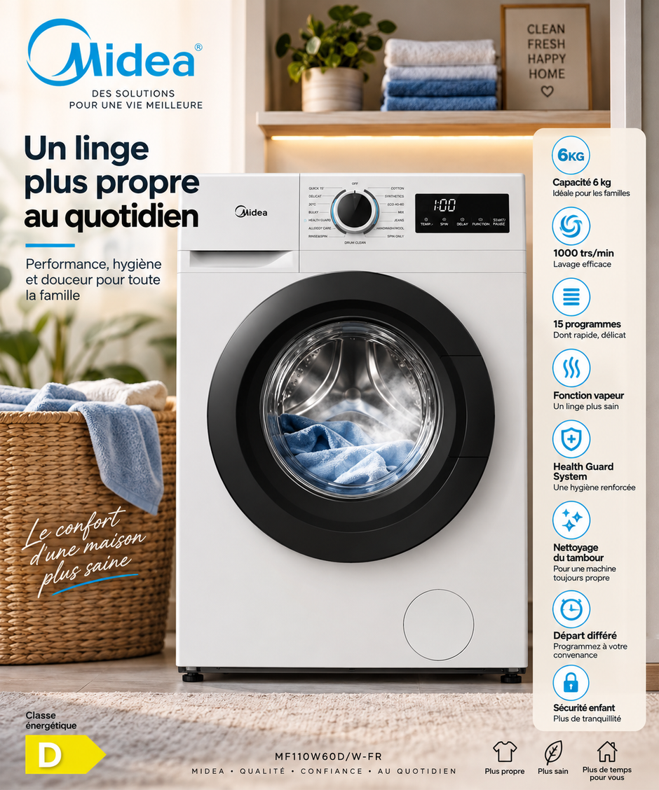 Machine à Laver Midea 6KG Front Load – 1000 tr/min, Vapeur, Health Guard & 15 Programmes – MF110W60D/W-FR