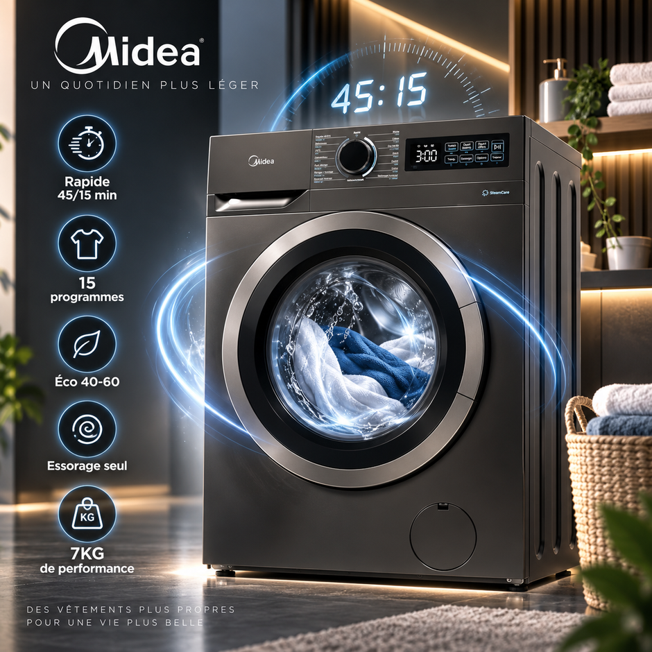 Machine à Laver Midea 7KG Front Load Titane – HealthGuard, Vapeur & 15 Programmes – MF110W70/T