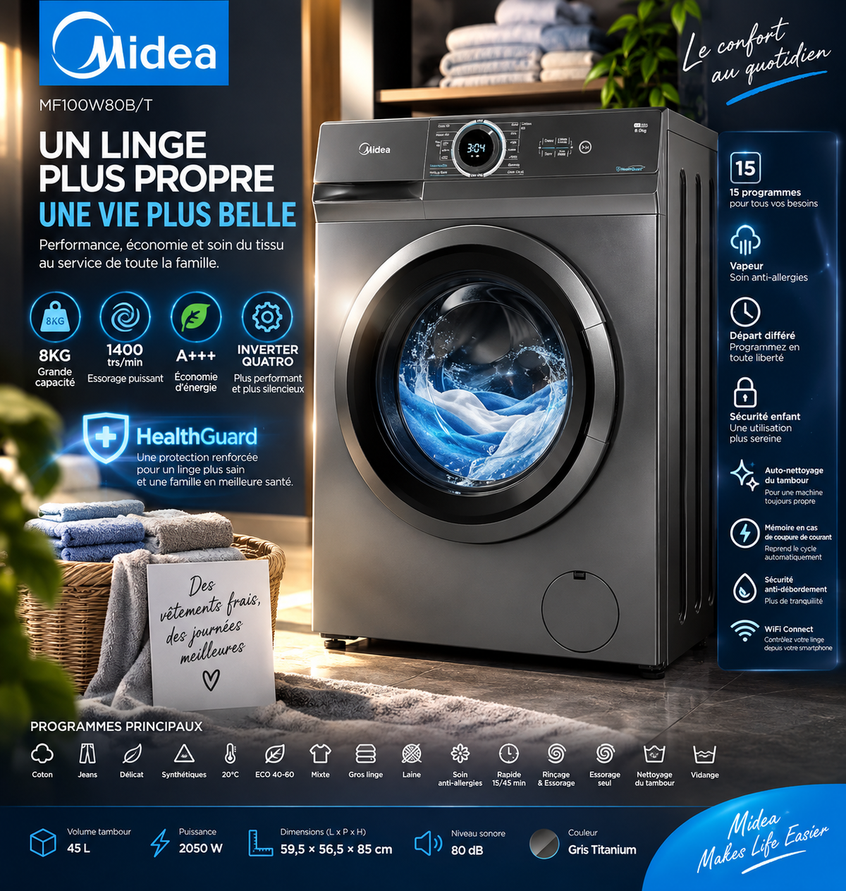 Machine à Laver Midea 8KG HealthGuard – Inverter Quattro, 1400 tr/min, Wi-Fi & 15 Programmes – MF100W80B/T