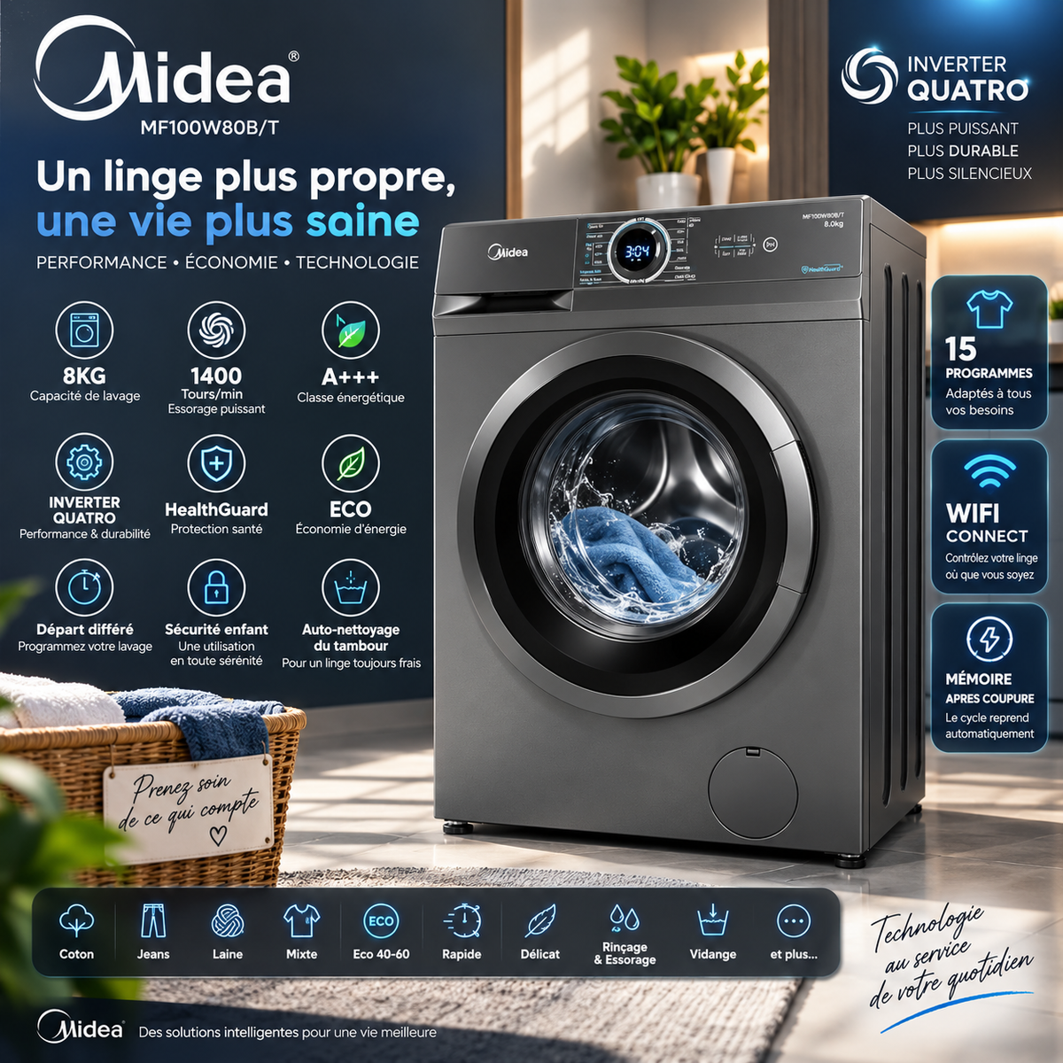Machine à Laver Midea 8KG HealthGuard – Inverter Quattro, 1400 tr/min, Wi-Fi & 15 Programmes – MF100W80B/T