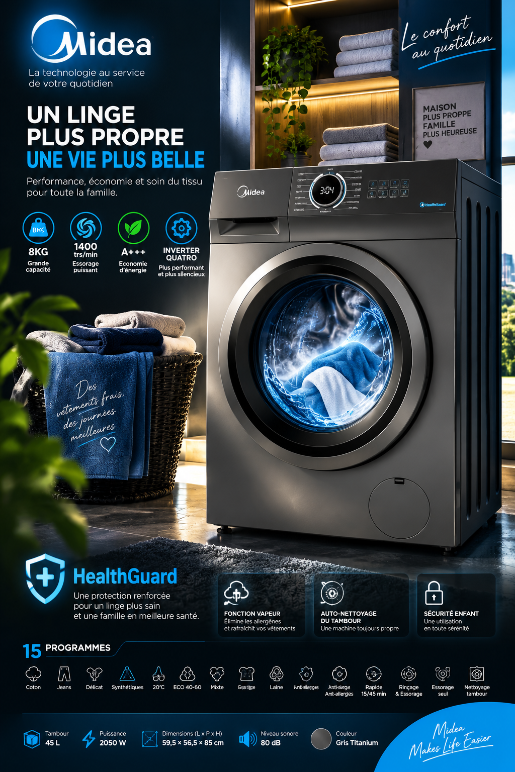 Machine à Laver Midea 8KG Front Load – Inverter, HealthGuard & 15 Programmes – MF110W80B/T