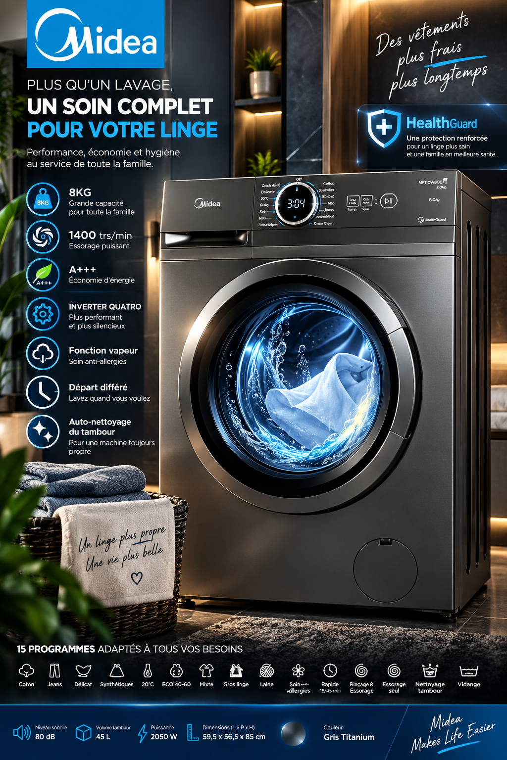 Machine à Laver Midea 8KG Front Load – Inverter, HealthGuard & 15 Programmes – MF110W80B/T