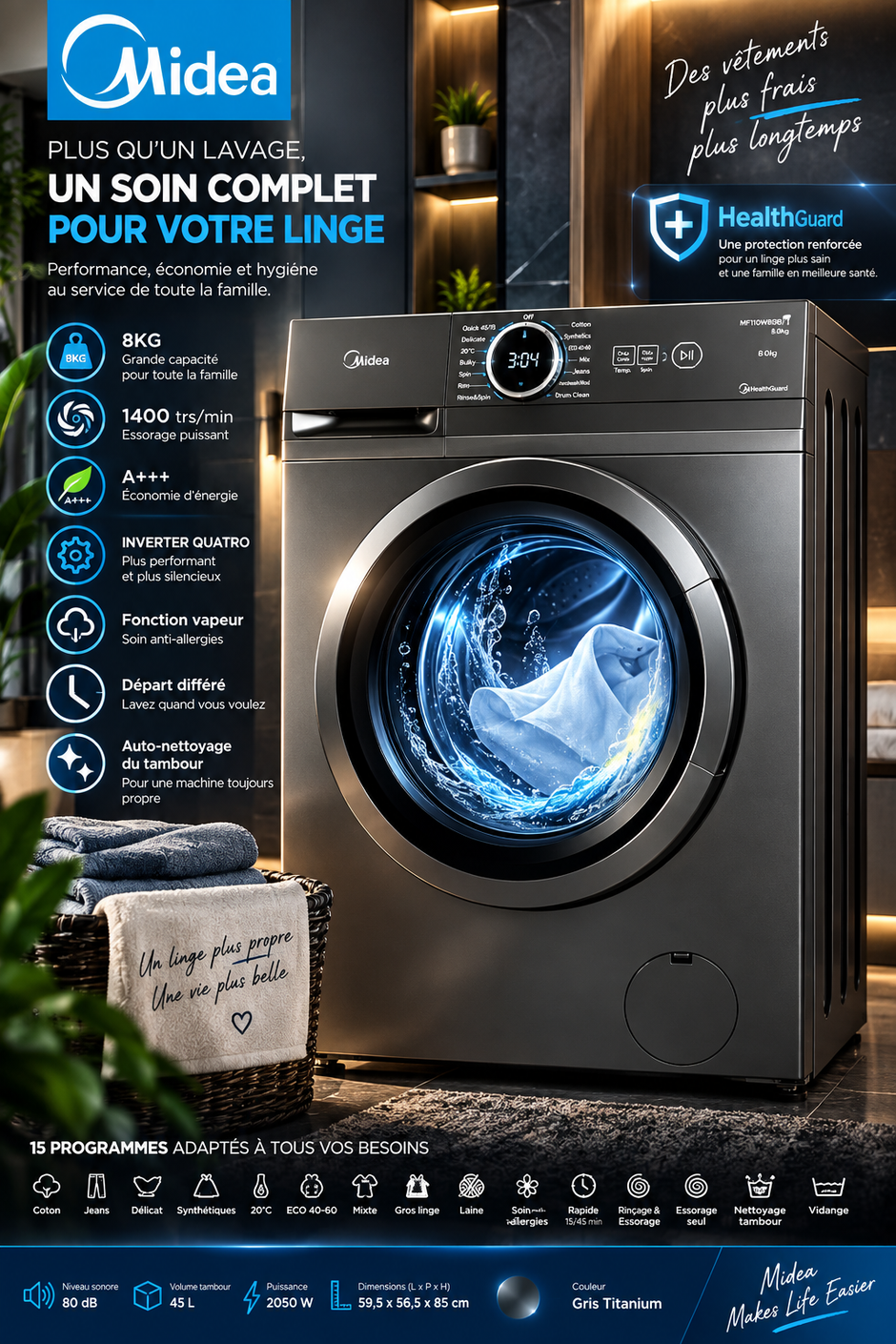 Machine à Laver Midea 8KG Front Load – Inverter, HealthGuard & 15 Programmes – MF110W80B/T