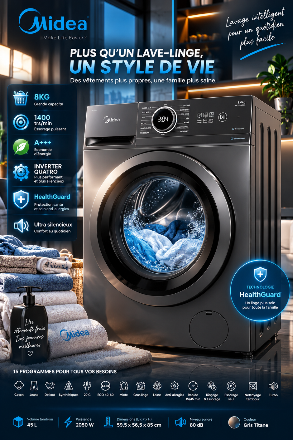 Machine à Laver Midea 8KG Front Load – Inverter, HealthGuard & 15 Programmes – MF110W80B/T