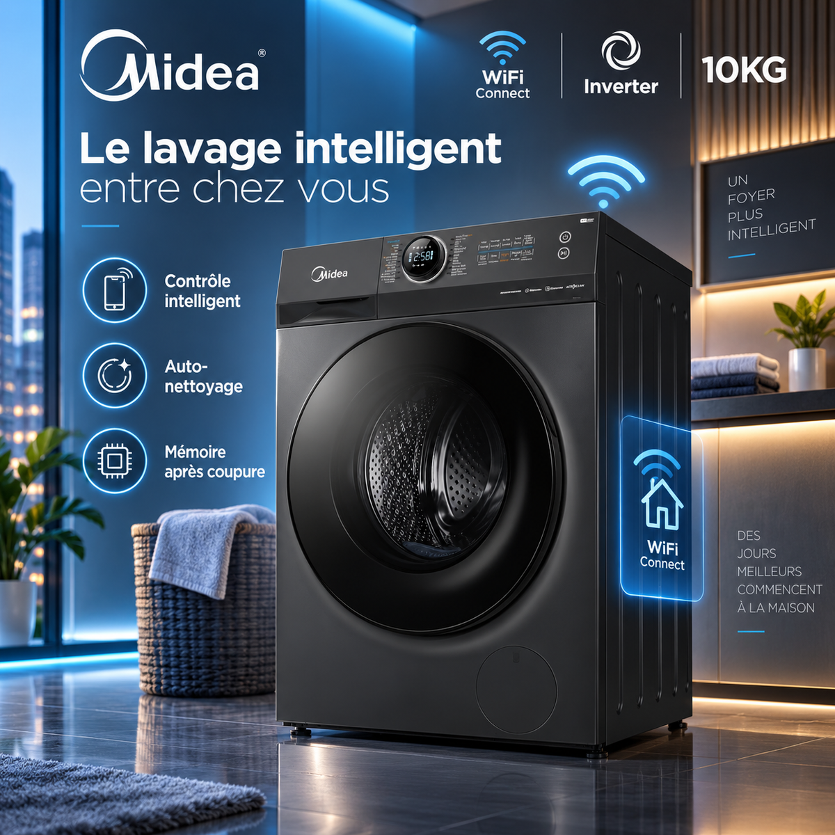 Machine à Laver Midea 10KG Inverter Wi-Fi 1400 tr/min – MF200W100WB/T