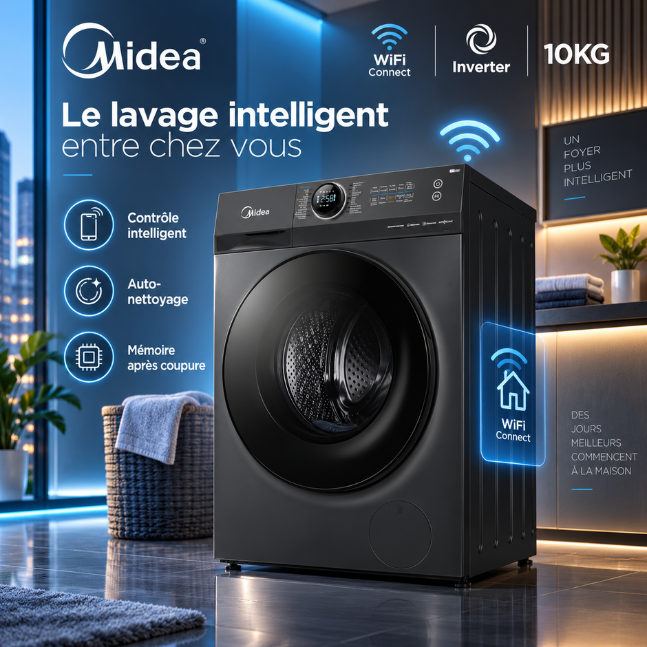 Machine à Laver Midea 10KG Inverter Wi-Fi 1400 tr/min – MF200W100WB/T