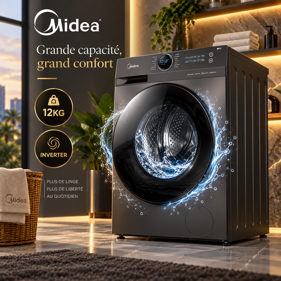 Machine à Laver Midea 12KG Front Load Inverter – Grande Capacité Gris Titane – MF200W120WB/T