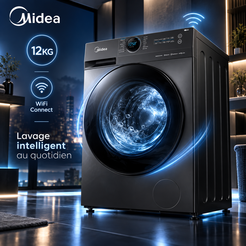 Machine à Laver Midea 12KG Front Load Inverter – Grande Capacité Gris Titane – MF200W120WB/T