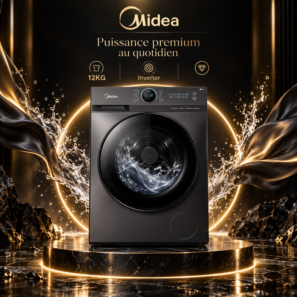 Machine à Laver Midea 12KG Front Load Inverter – Grande Capacité Gris Titane – MF200W120WB/T