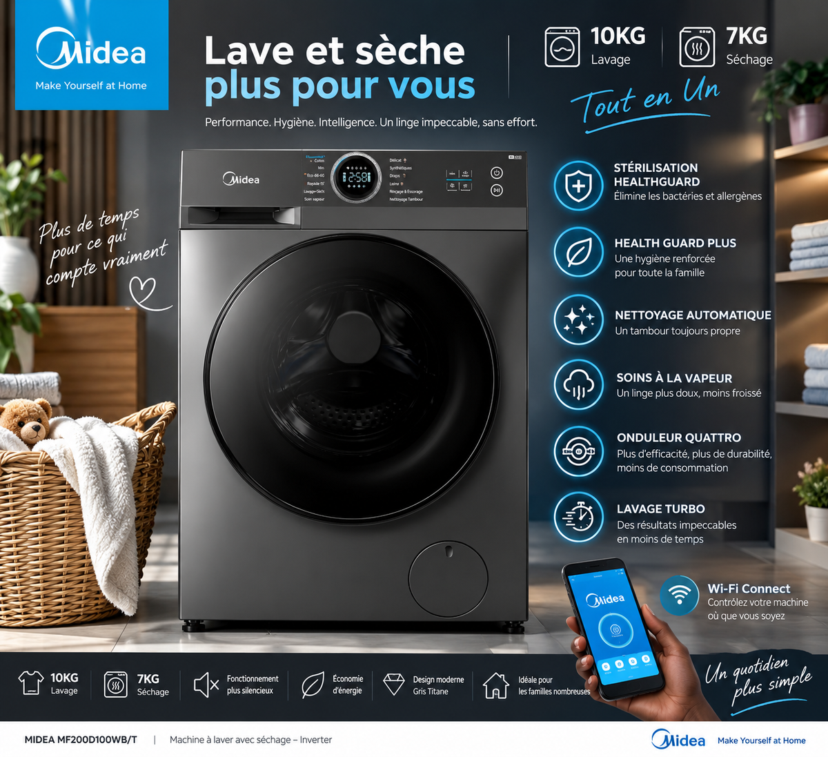 Lave-Linge Séchant Midea 10KG / 7KG – HealthGuard Plus, Vapeur & Inverter Quattro – MF200D100WB/T