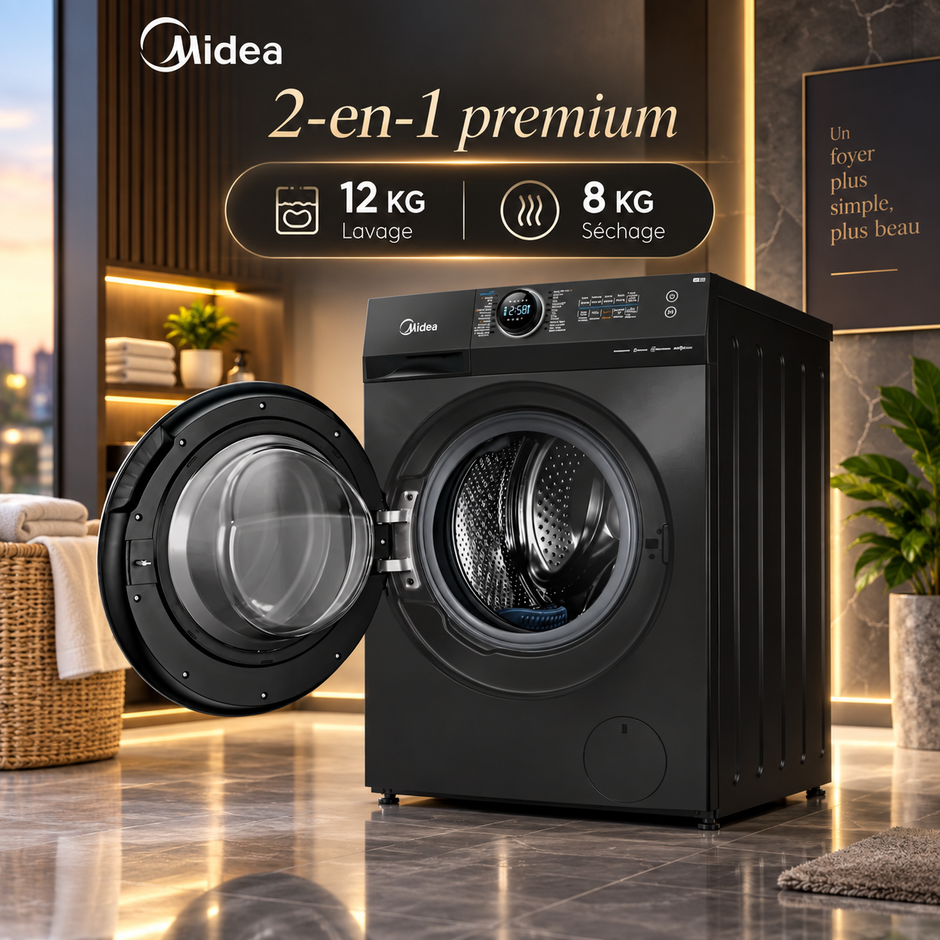 Lave-Linge Séchant Midea 12KG / 8KG – HealthGuard, Inverter & Wi-Fi Connect – MF200D120WB/T