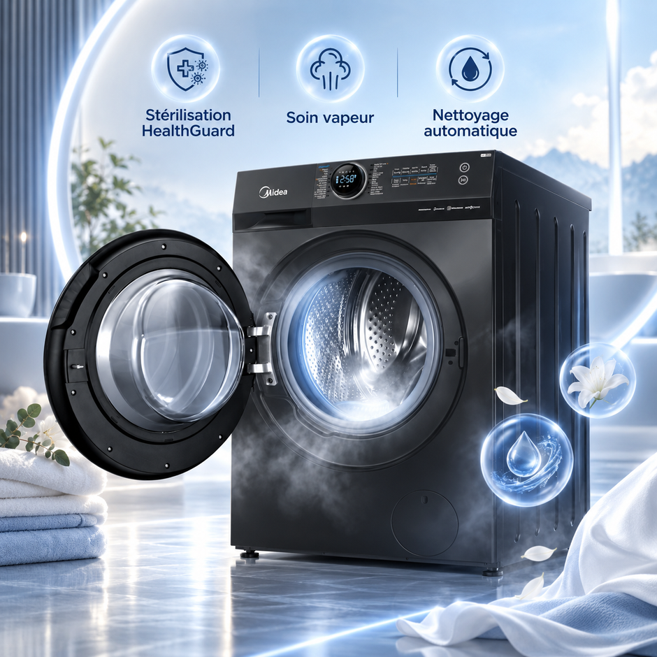 Lave-Linge Séchant Midea 12KG / 8KG – HealthGuard, Inverter & Wi-Fi Connect – MF200D120WB/T