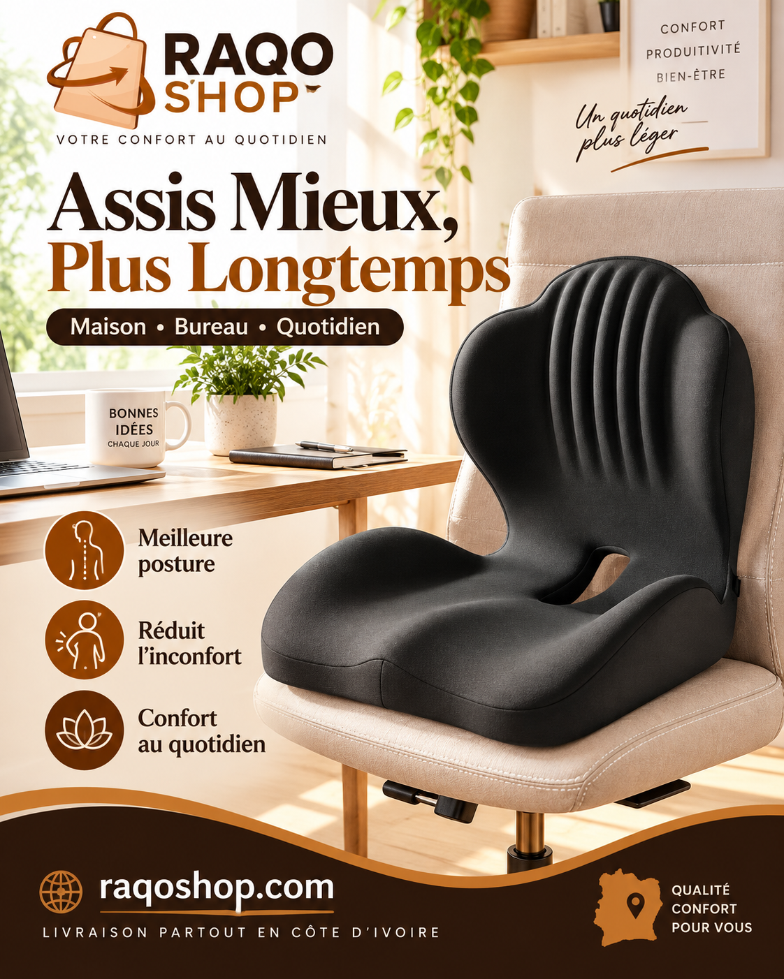 Coussin Ergonomique 2-en-1 Assise & Dos – Confort Voiture, Bureau & Maison