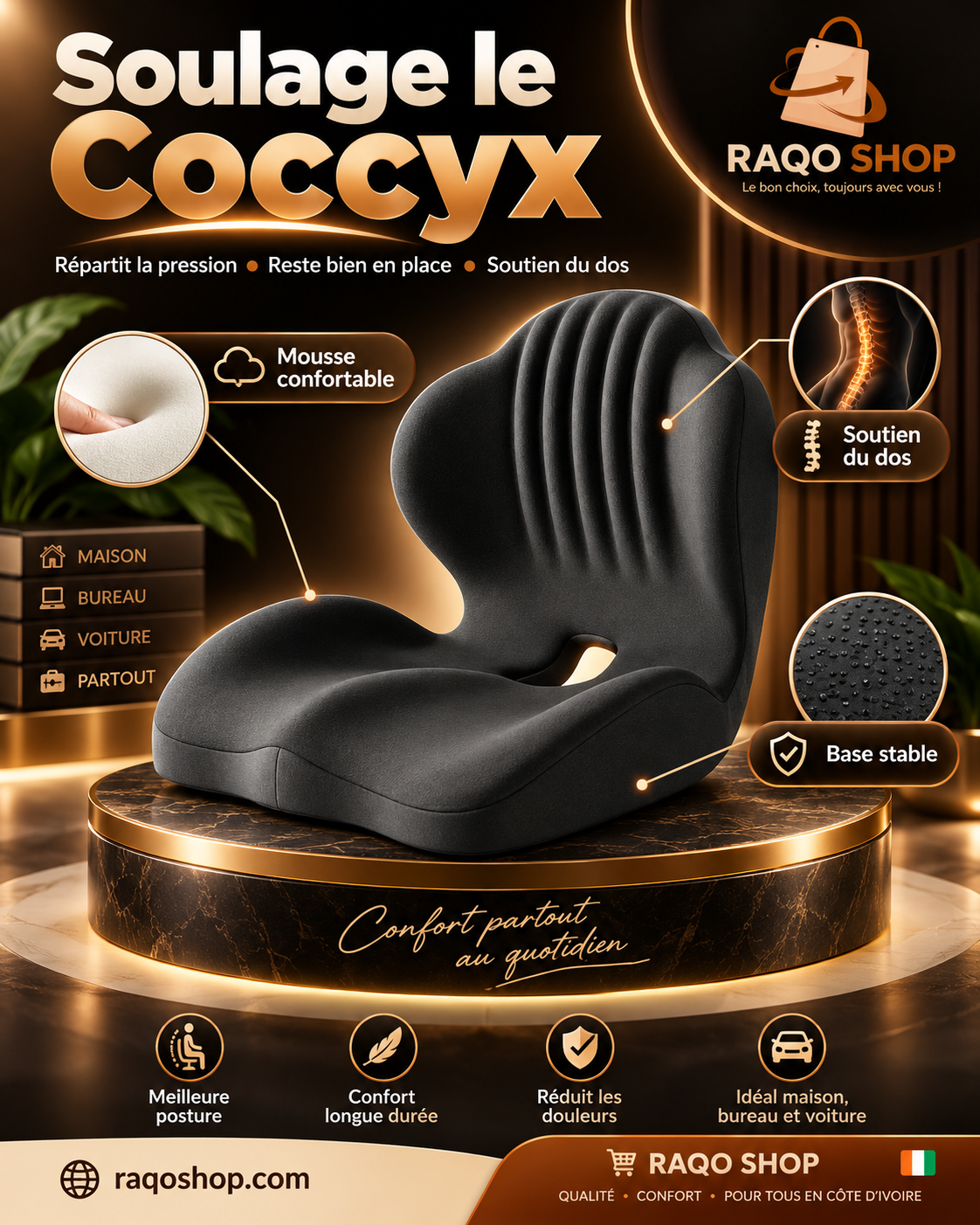 Coussin Ergonomique 2-en-1 Assise & Dos – Confort Voiture, Bureau & Maison