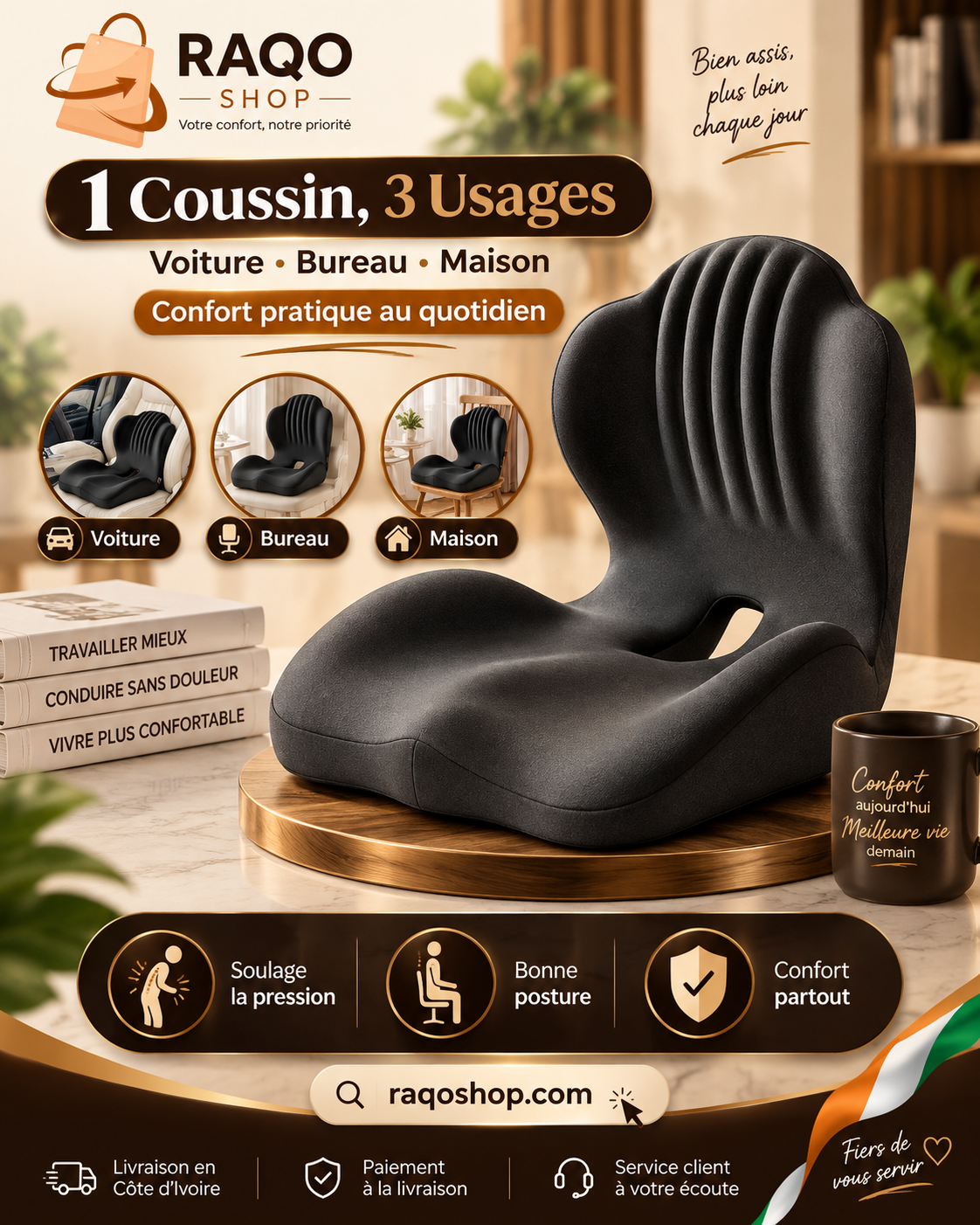 Coussin Ergonomique 2-en-1 Assise & Dos – Confort Voiture, Bureau & Maison
